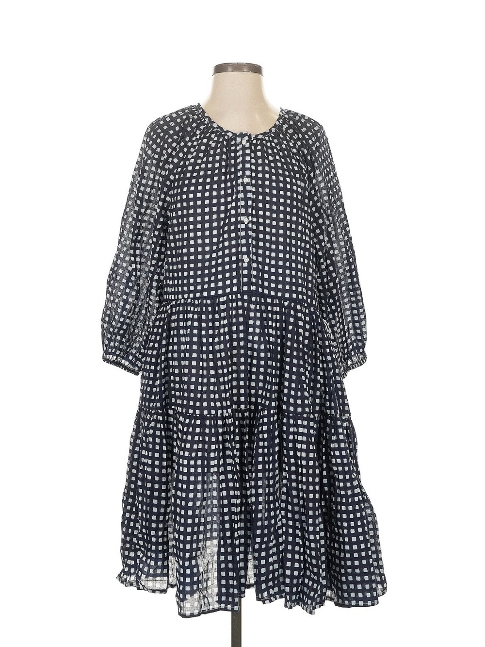 Emerson Fry Navy and White Checked Tiered Long-Sleeve Dress